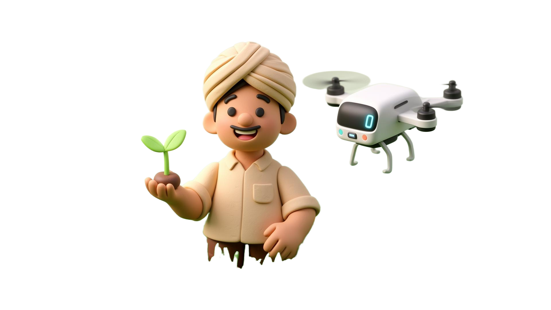 3D illustration of a smiling farmer holding a sprout next to a drone